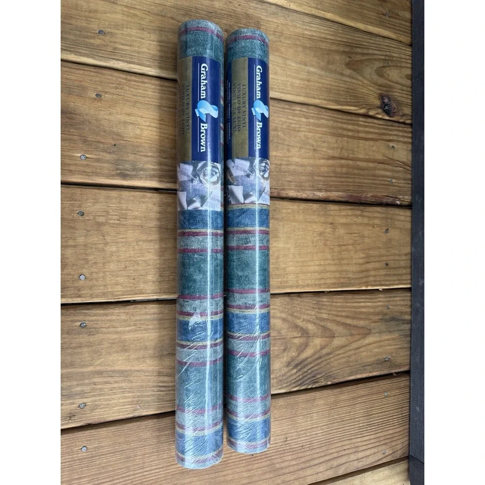 Vintage Graham Brown Luxury Vinyl Wallpaper 2 Rolls 56ft Each Green Blue Striped